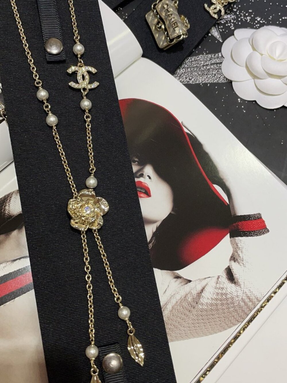 Chanel Gold-Tone Camellia Pearl Crystal Y-Necklace & Earring Set